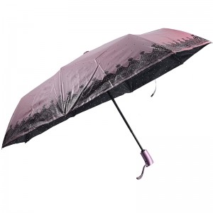 Värikäs musta päällyste UV-suojaava sateenvarjo 3 taittuvaa sateen- ja aurinkovarjoa