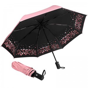 Kukkakuvioinen mittatilaustyönä varustettu sateenvarjo mustalla pinnoitteella. UV-suoja 3-kertainen sateenvarjo